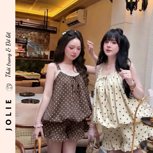 Váy Chấm Bi Phối Viền Ren Dáng Xòe Bí Bồng Bềnh Cao Cấp Jolie