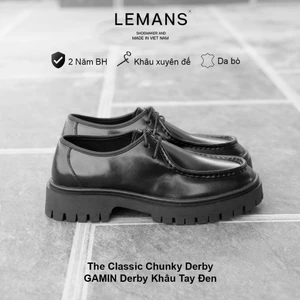 Giày nam Chunky DERBY Black khâu tay LEMANS CHK04.2 - đế cao su 5cm Da bò, Bảo hành 24 tháng