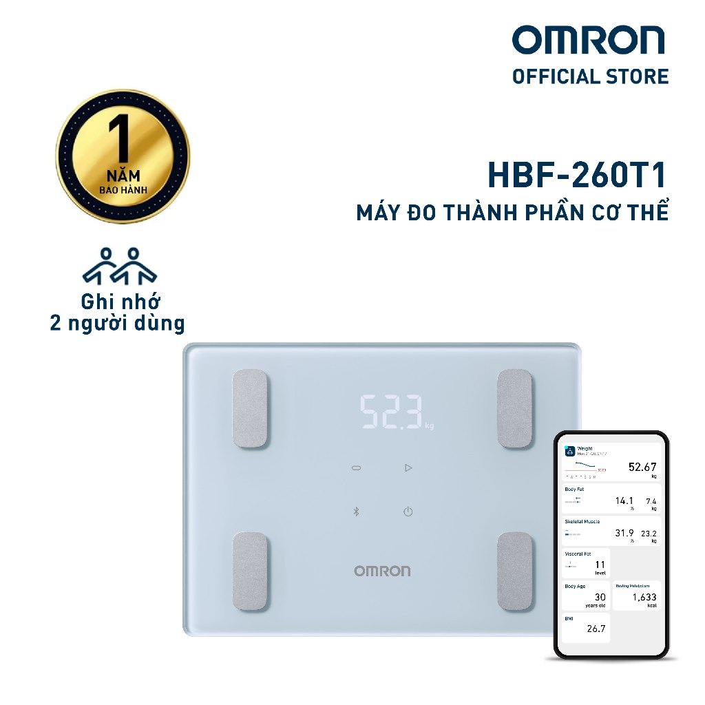 Cân Đo Thành Phần Cơ Thể OMRON HBF-260T1-APB Bluetooth Chính Hãng – Cân Điện Tử Phân Tích Mỡ Cơ Thể, BMI, Cơ Xương