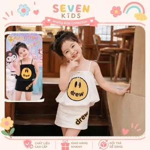 Set váy bé gái mùa hè áo hai dây họa tiết mặt cười cá tính, đồ bộ đi chơi năng động cá tính S12
