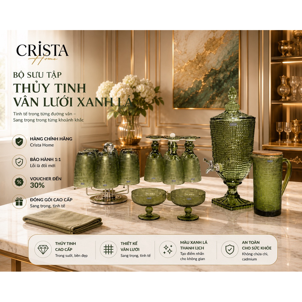 FULL BỘ VÂN LƯỚI XANH OLIVE CAO CẤP - CRISTA HOME CHÍNH HÃNG