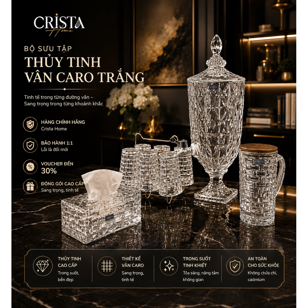 Bộ hũ bình cốc Vân Caro Trắng Crista Home 350ml Cao Cấp