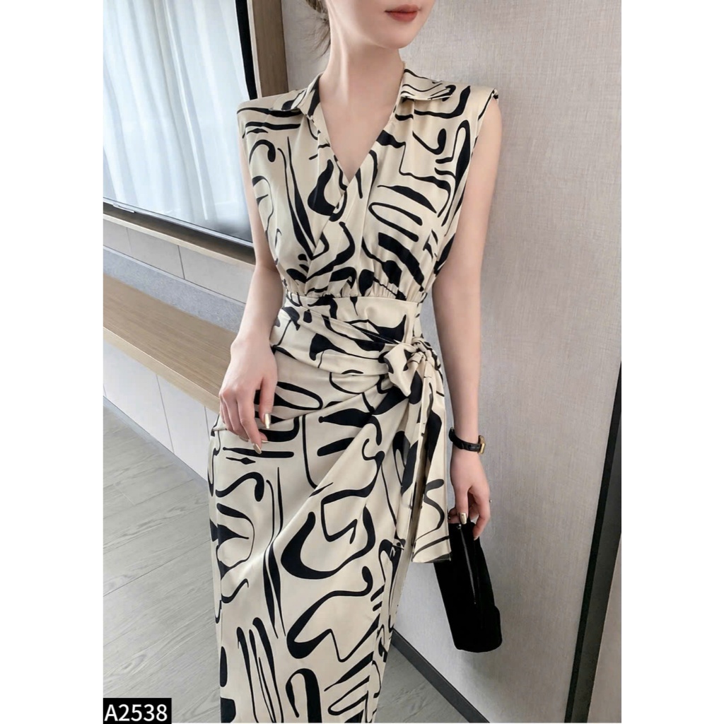 Đầm lụa họa tiết 2 màu đen, be cầu vai sang chảnh cho các nàng A2538