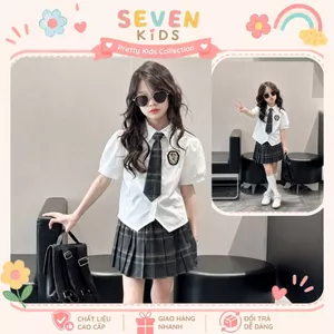 Set đồ bộ học sinh bé gái áo sơ mi trắng tay ngắn kèm cà vạt phối chân váy xếp ly kẻ ô S13