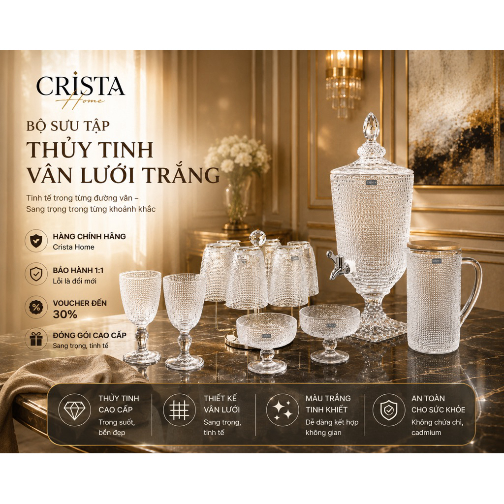 FULL BỘ VÂN LƯỚI TRẮNG THỦY TINH CAO CẤP - CRISTA HOME CHÍNH HÃNG