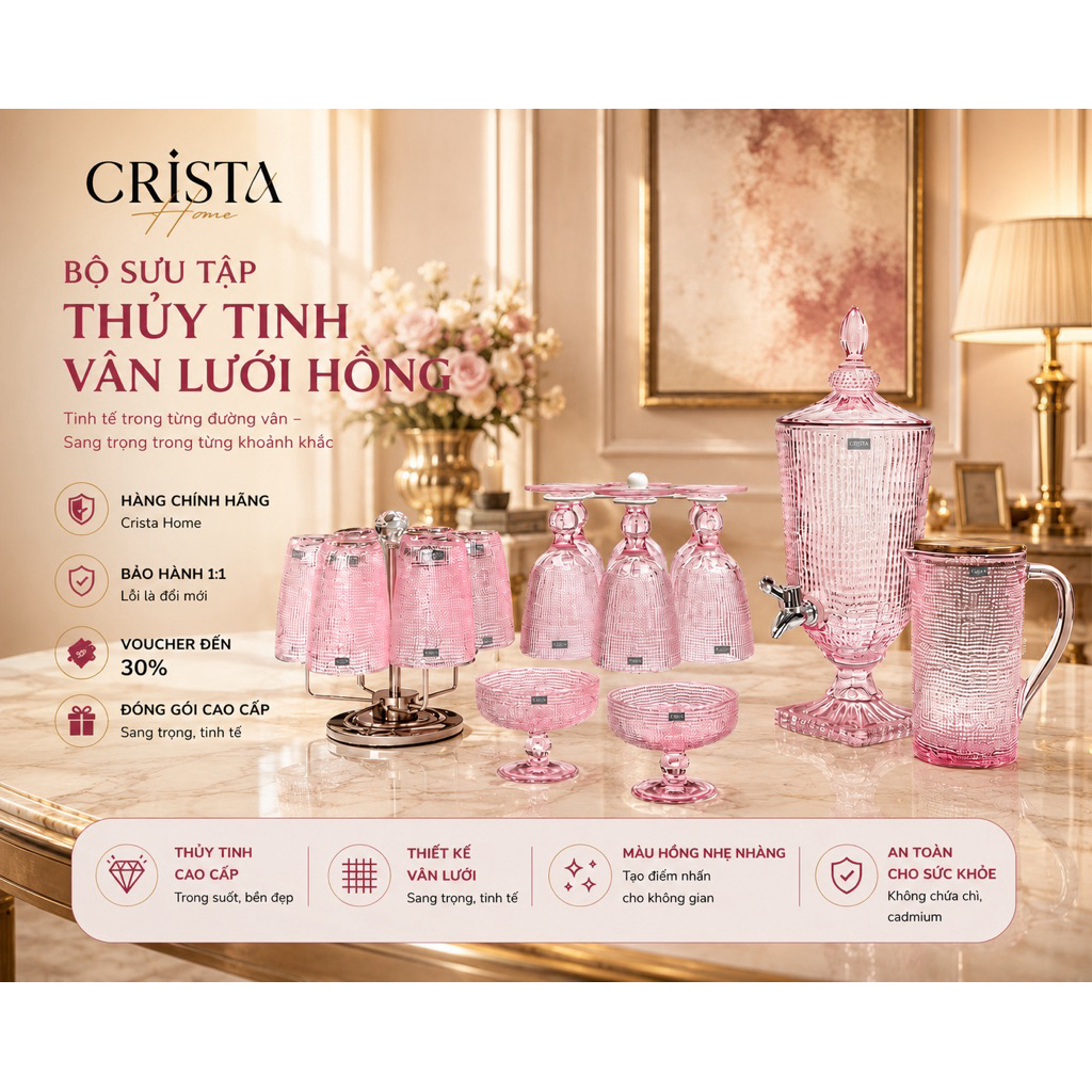 BỘ SƯU TẬP LY, CỐC, BÌNH THUỶ TINH HỒNG PASTEL CRISTA HOME CAO CẤP