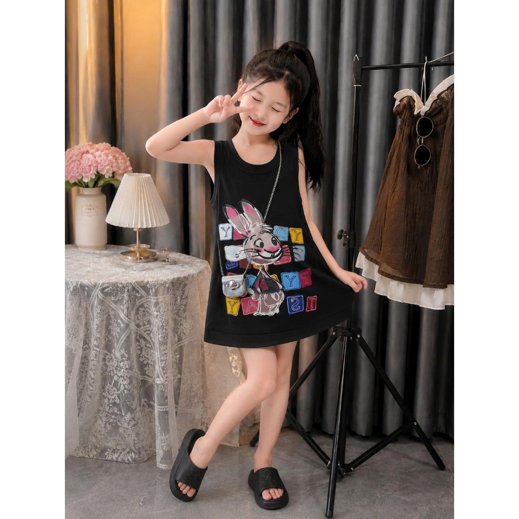 Váy bé gái dáng suông sát nách màu đen in hình thỏ dễ thương kèm túi, đầm ba lỗ cho bé năng động S14