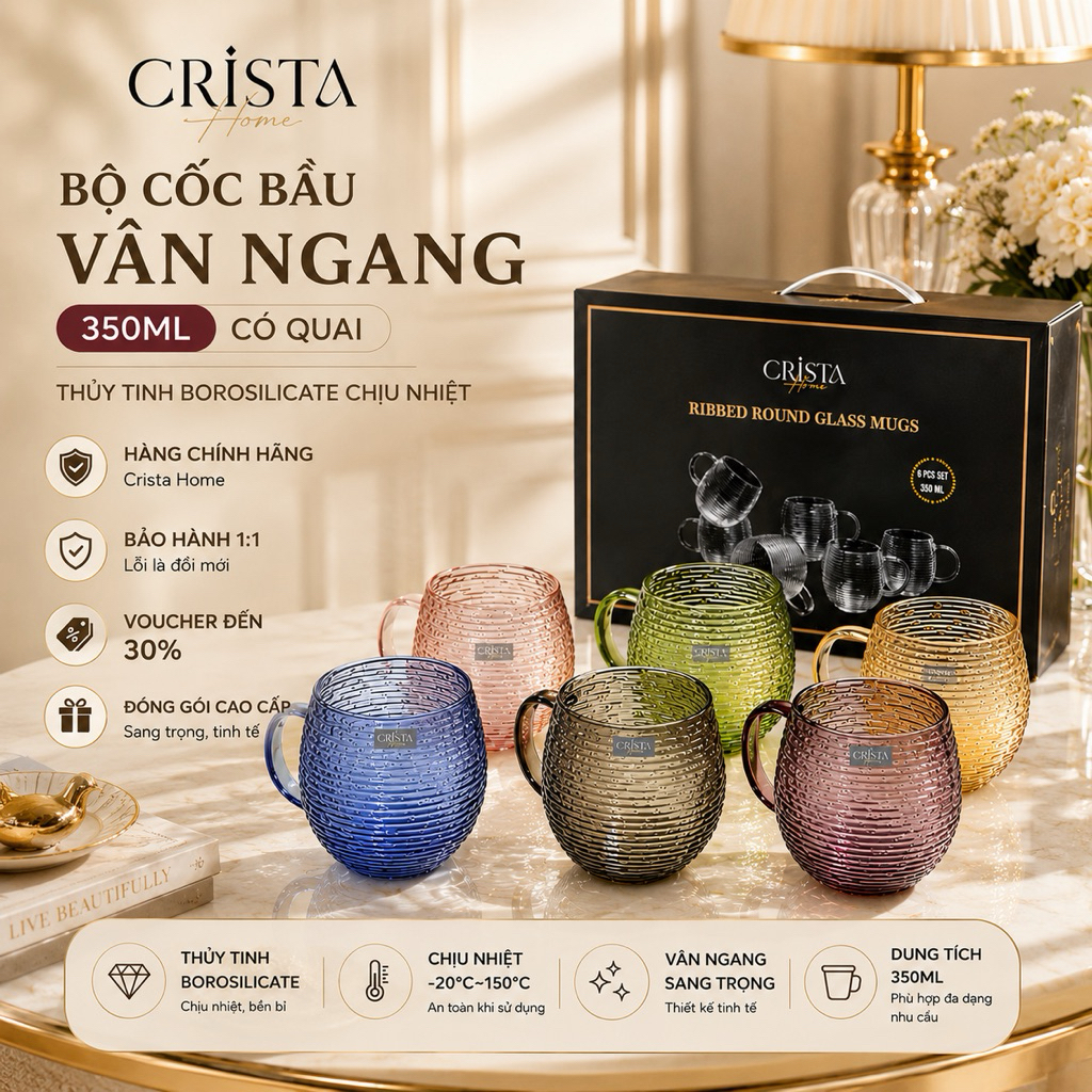 Bộ Thủy Tinh 6 Cốc Có Quai 350ml Dáng Bầu Vân Ngang Crista Home Cao Cấp - 60278