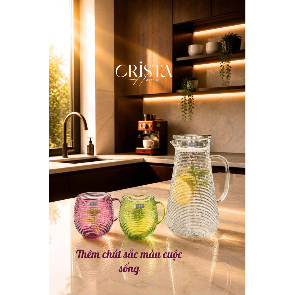 Bộ Thủy Tinh 6 Cốc Có Quai 350ml Dáng Bầu Vân Ngang Crista Home Cao Cấp - 60278