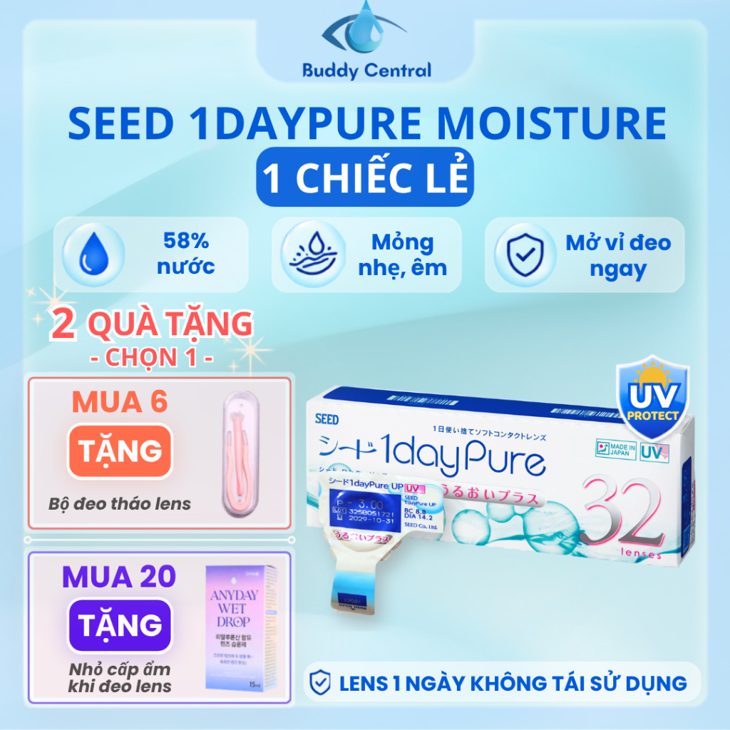 (1 chiếc lẻ) Lens Seed 1 ngày không màu 1 day Pure moisture full độ cận – Buddy Central