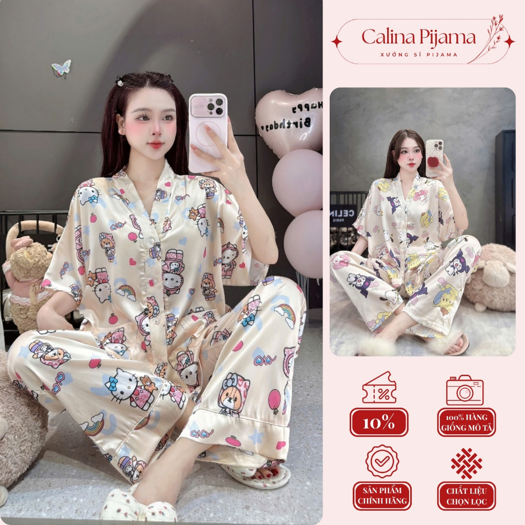 Đồ Ngủ Nữ Pijama Lụa Calina Pijama Cổ Y Cách Điệu, Đồ Ngủ Nữ Mùa Hè Thoáng Mát