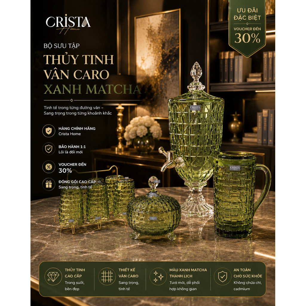 🌿 BỘ SƯU TẬP LY, CỐC, BÌNH THUỶ TINH XANH OLIVE CRISTA HOME CAO CẤP