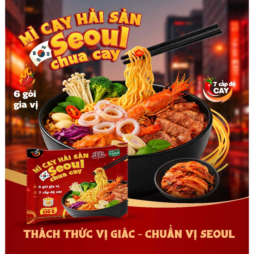 Hộp 5 Tặng 1 - Mì Cay Seoul 7 Cấp Độ 6 Gói Gia Vị Hải Sản Chua Cay Trang Trại Sạch Thôn Xanh Farm