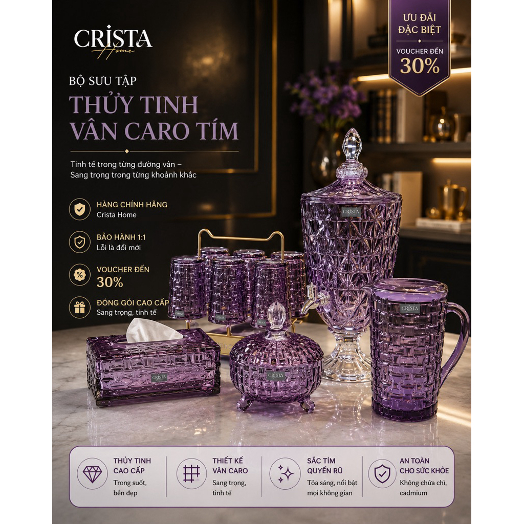 Bộ Cốc Bình Hũ Thủy Tinh Tím Crista Home Việt Nam Chính Hãng 280ml 350ml Bình 1L Lọ Hoa Hũ Mứt 3 Chân - bán sỉ SLL