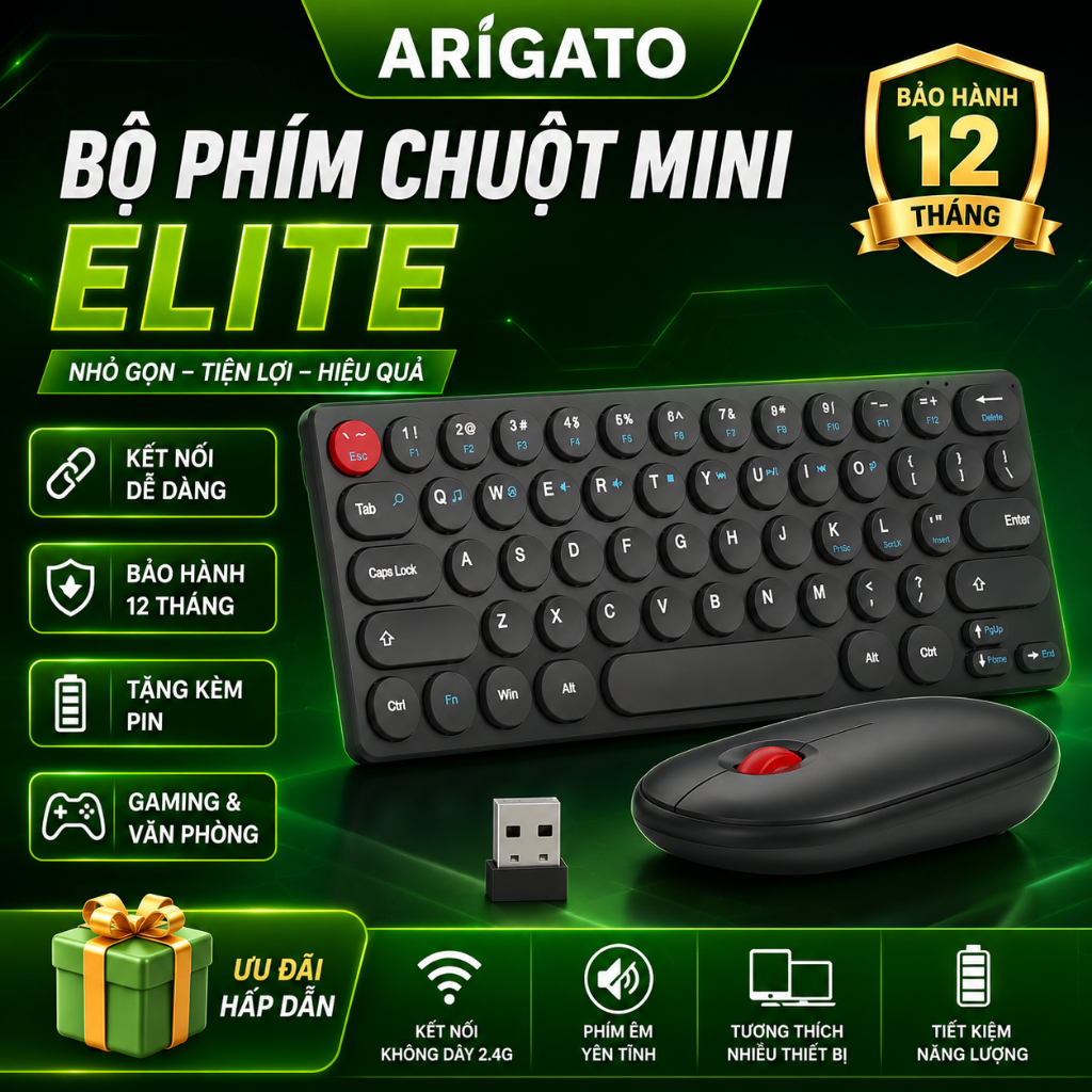 Bộ Bàn Phím Chuột Không Dây Mini ELITE – Combo Phím Chuột Wireless 2.4G Nhỏ Gọn, Kết Nối USB Cho Laptop PC Smart TV