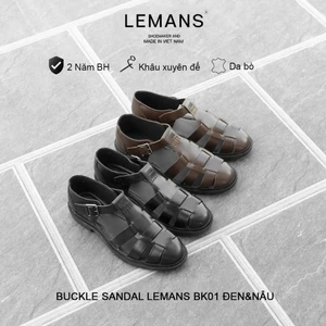 Dép rọ Buckle Sandal nam Lemans BK01.2 - Black - Dép rọ Da bò - đế Mckay cao 2.2cm BH 12 tháng
