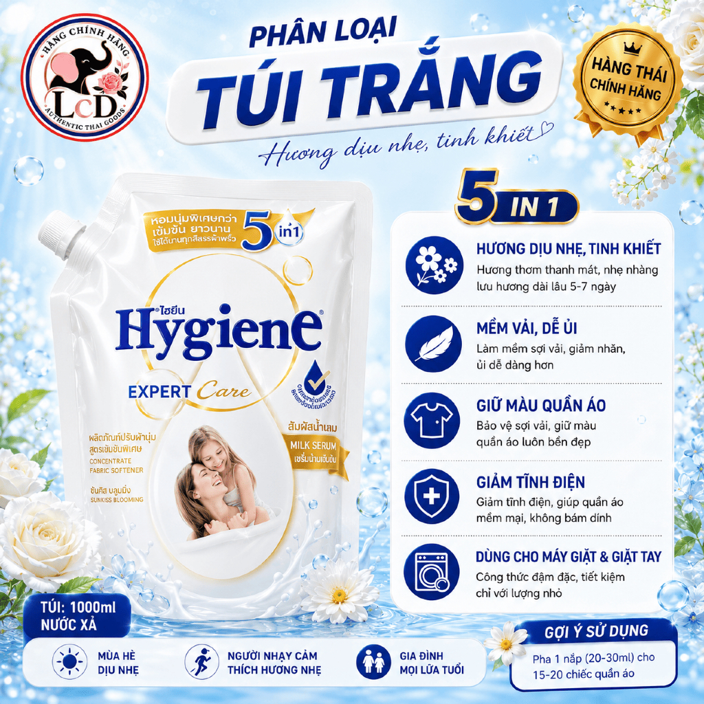 Nước xả vải Hygiene [TRẮNG-SỮA EM BÉ] Expert Care 1.1L - Mềm vải vượt trội - An toàn lành tính - LcD STORE