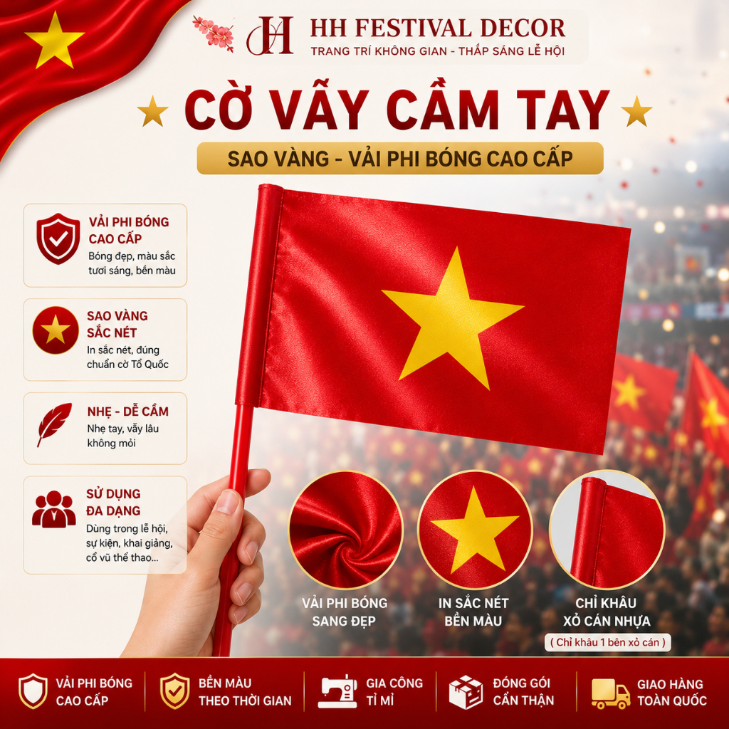 Cờ Vẫy Cầm Tay Cờ Tổ Quốc Việt Nam Vải Phi Bóng Trang Trí Quốc Khánh 2/9 Khai Giảng Cổ Vũ Bóng Đá