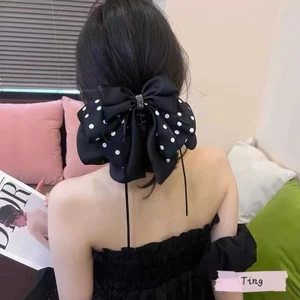 Kẹp Tóc Càng Cua Nơ Satin Phối Chấm Bi Đính Đá - Kẹp Càng Cua Nơ Bướm Cỡ Lớn Sang Chảnh Phong Cách Hàn Quốc Ting