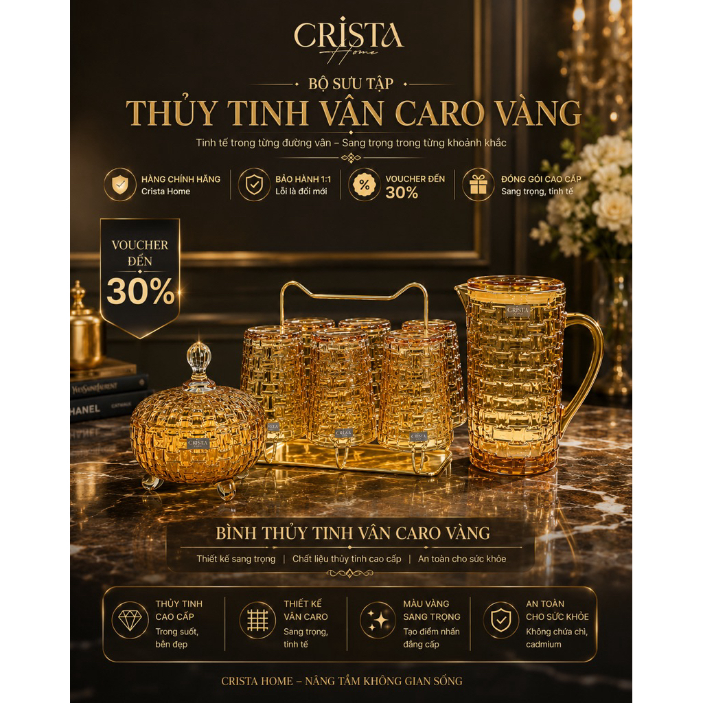 Bộ Cốc Bình Hũ Thủy Tinh Vàng Mật Ong Chính Hãng Crista Home Việt Nam 280ml 350ml Bình 1L Lọ Hoa Hũ Mứt 3 Chân_ sỉ SLL