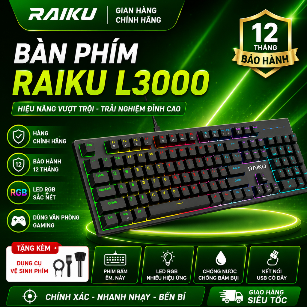 Bàn Phím Cơ RAIKU L3000 Gaming LED RGB – Switch Nhạy, Gõ Êm, Thiết Kế Cá Tính, Phù Hợp Game Thủ & Văn Phòng