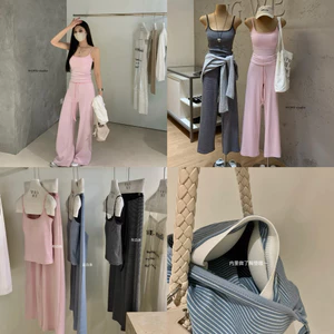 WGWE | Set áo hai dây sẵn mút ngực kẻ sọc + quần suông dài, phong cách casual Hàn – W9586#