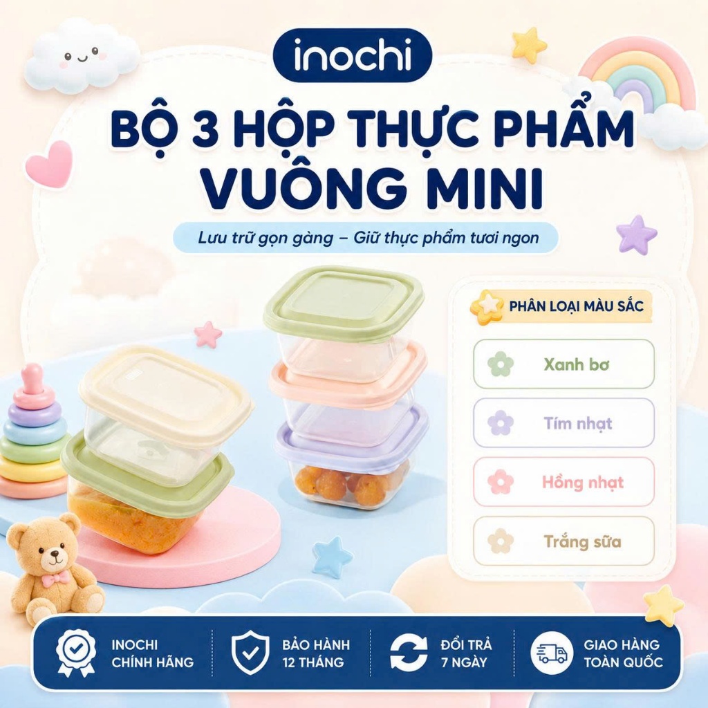 Bộ 3 hộp thực phẩm vuông mini 250ml Inochi - nhỏ gọn tiện lợi, đựng đồ ăn dặm, an toàn, cao cấp