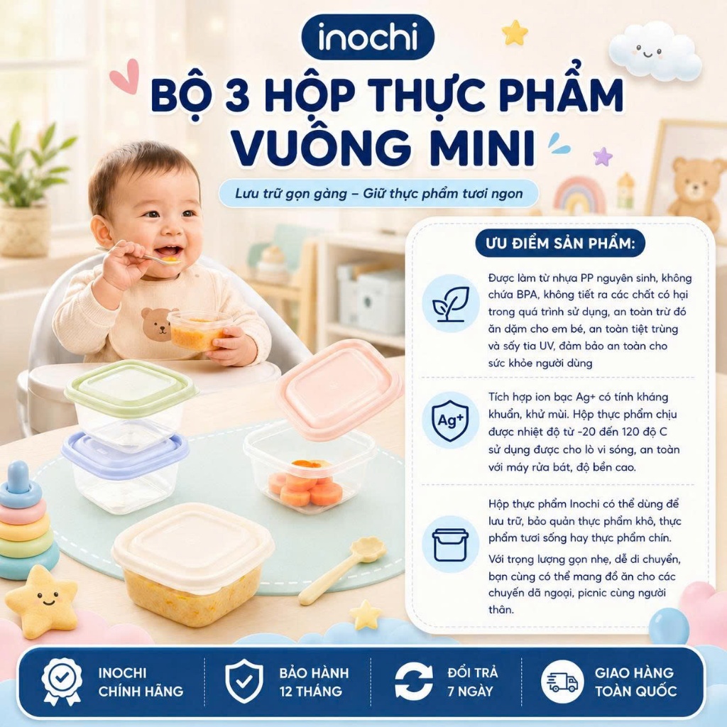Bộ 3 hộp thực phẩm vuông mini 250ml Inochi - nhỏ gọn tiện lợi, đựng đồ ăn dặm, an toàn, cao cấp