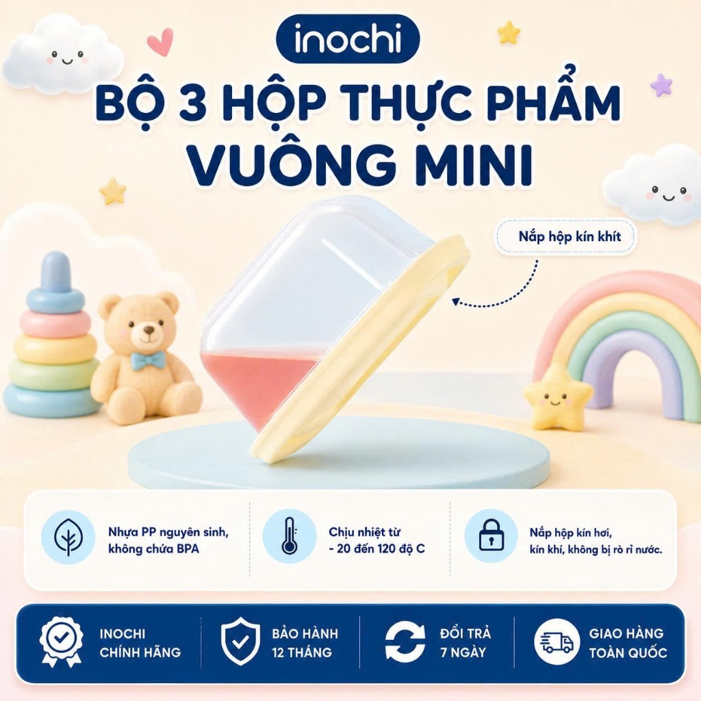 Bộ 3 hộp thực phẩm vuông mini 250ml Inochi - nhỏ gọn tiện lợi, đựng đồ ăn dặm, an toàn, cao cấp