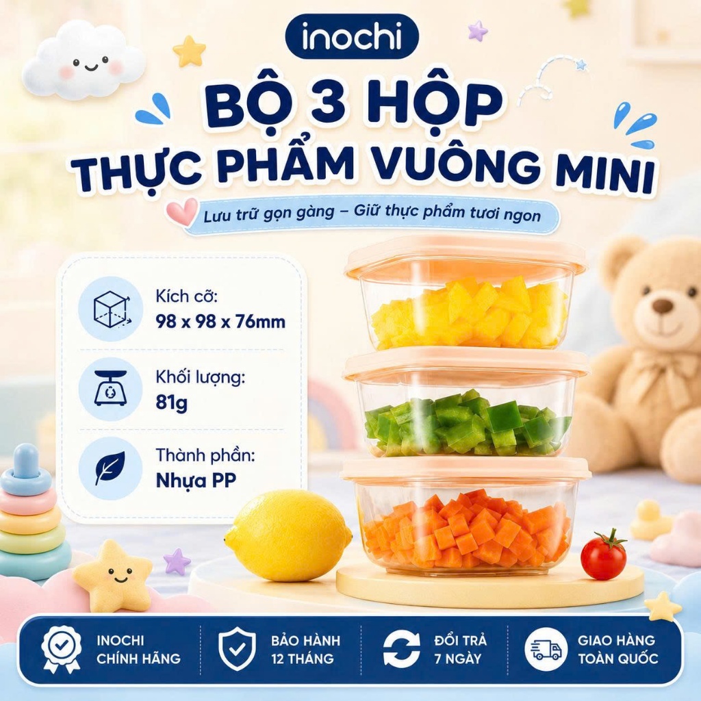 Bộ 3 hộp thực phẩm vuông mini 250ml Inochi - nhỏ gọn tiện lợi, đựng đồ ăn dặm, an toàn, cao cấp