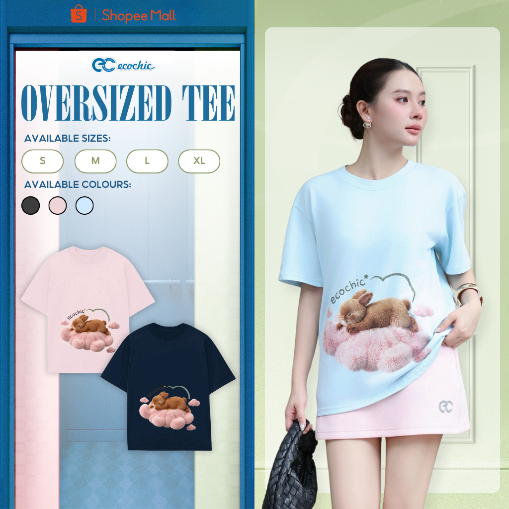 Áo Thun Oversize ECOCHIC B250 Hình Thỏ Nâu Dễ Thương Form Rộng Chất Liệu Cotton Cao Cấp Mềm Mịn