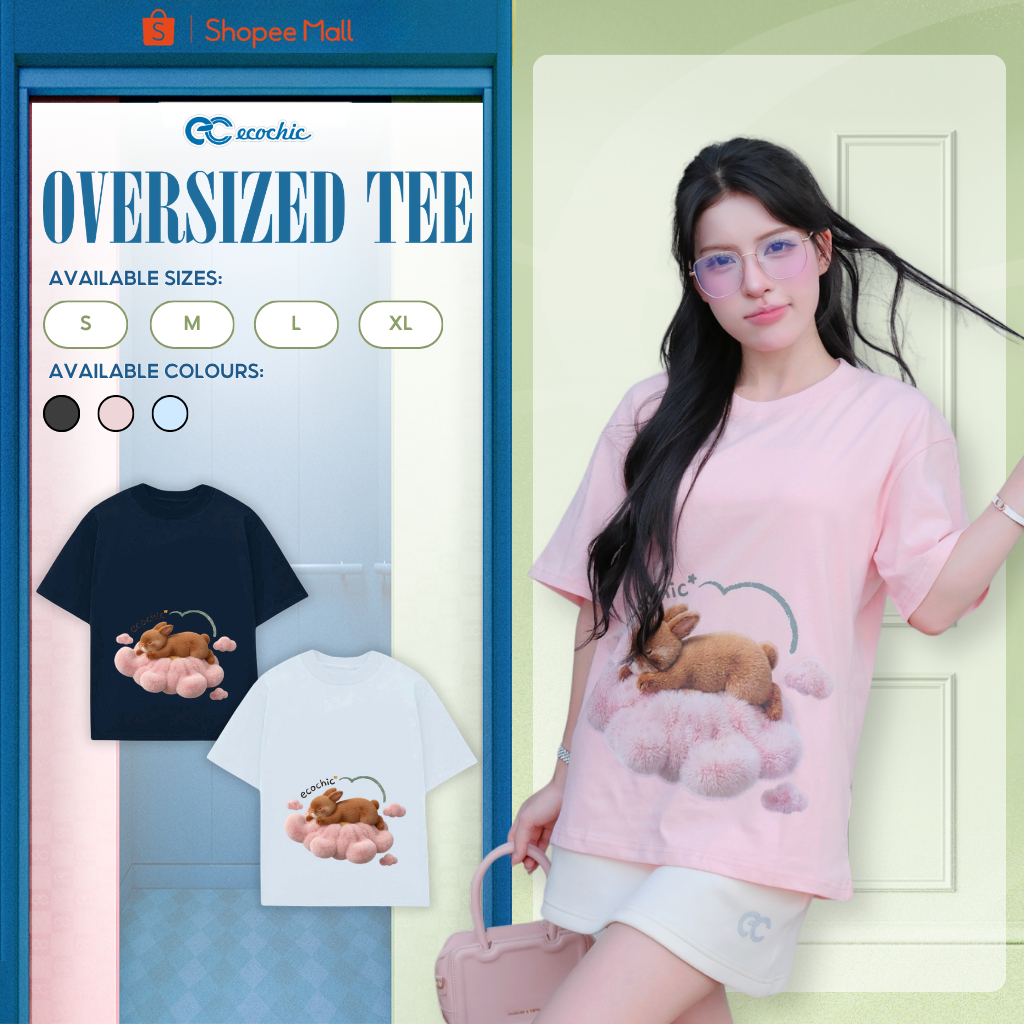 Áo Thun Oversize ECOCHIC B250 Hình Thỏ Nâu Dễ Thương Form Rộng Chất Liệu Cotton Cao Cấp Mềm Mịn