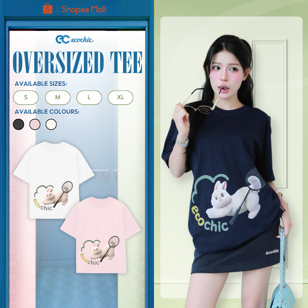 Áo Thun Oversize ECOCHIC B251 Hình Thỏ Trắng Dễ Thương Form Rộng Chất Liệu Cotton Cao Cấp Mềm Mịn