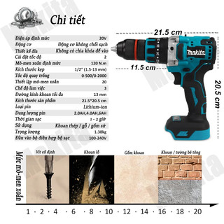 Máy khoan pin MAKITA 199V, máy khoan cầm tay 3 chức năng có búa tặng kèm phụ kiện