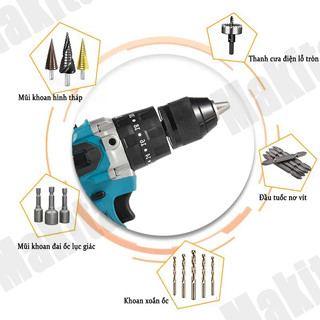 Máy khoan pin MAKITA 199V, máy khoan cầm tay 3 chức năng có búa tặng kèm phụ kiện