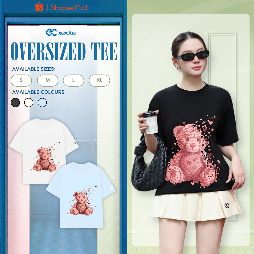 Áo Thun Oversize ECOCHIC B253 Hình In Gấu Đỏ Trái Tim Công Nghệ Mới Chất Liệu Cotton 2 Chiều Mềm Mịn Chính Hãng