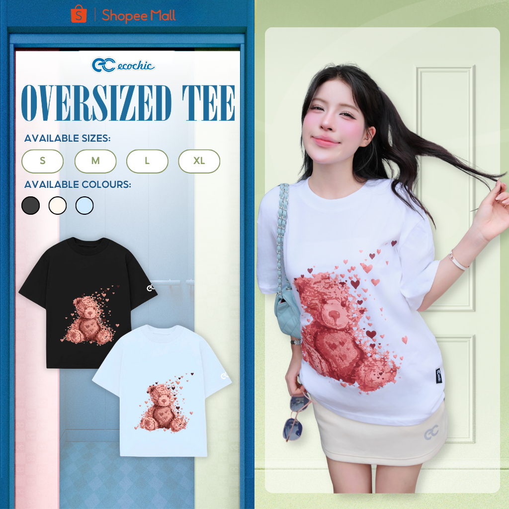 Áo Thun Oversize ECOCHIC B253 Hình In Gấu Đỏ Trái Tim Công Nghệ Mới Chất Liệu Cotton 2 Chiều Mềm Mịn Chính Hãng
