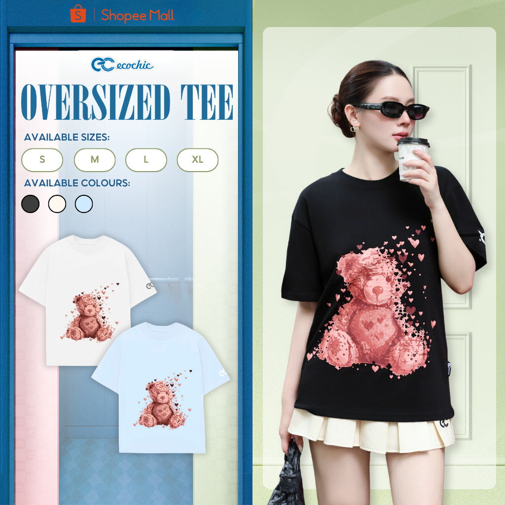 Áo Thun Oversize ECOCHIC B253 Hình In Gấu Đỏ Trái Tim Công Nghệ Mới Chất Liệu Cotton 2 Chiều Mềm Mịn Chính Hãng