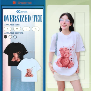 Áo Thun Oversize ECOCHIC B253 Hình In Gấu Đỏ Trái Tim Công Nghệ Mới Chất Liệu Cotton 2 Chiều Mềm Mịn Chính Hãng