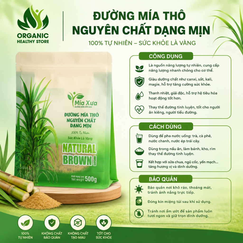 Đường Mía Thô Nguyên Chất 500g Mía Xưa – Tinh Túy Từ Nước Mía Tươi