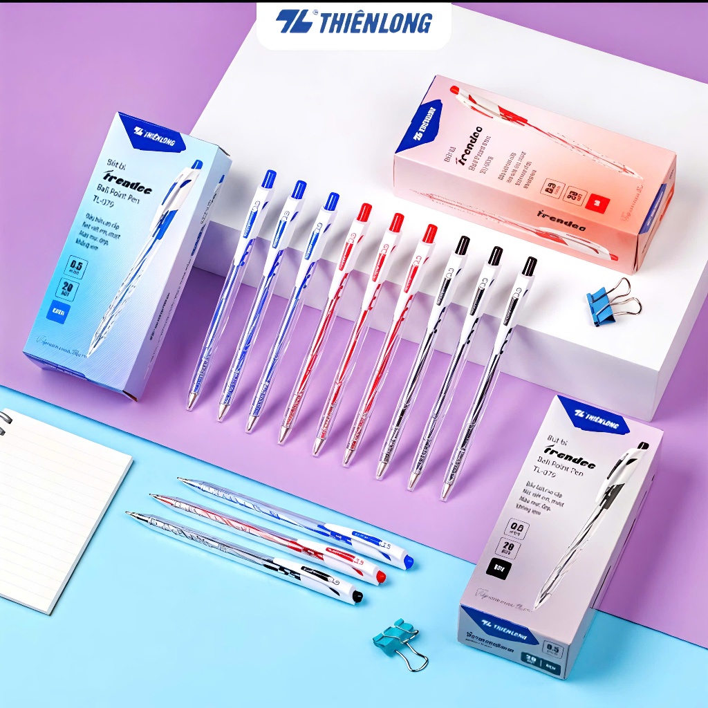 Combo 10/20 Bút bi thiên long Pro 027 TL-105 - 3 màu mực, thân bút pastel thời trang, phù hợp cho học sinh, sinh viên