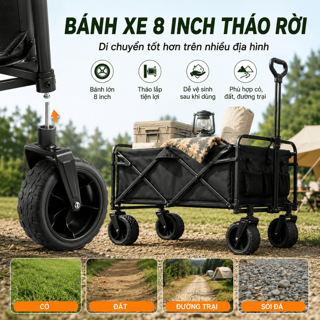 Xe đẩy cắm trại gấp gọn siêu nhẹ, kéo đa năng dã ngoại, bền chắc, dễ gấp bỏ cốp xe. Chở đồ gọn, đi chơi nhẹ hơn.