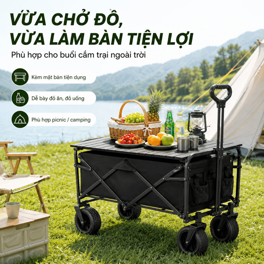 Xe đẩy cắm trại gấp gọn siêu nhẹ, kéo đa năng dã ngoại, bền chắc, dễ gấp bỏ cốp xe. Chở đồ gọn, đi chơi nhẹ hơn.