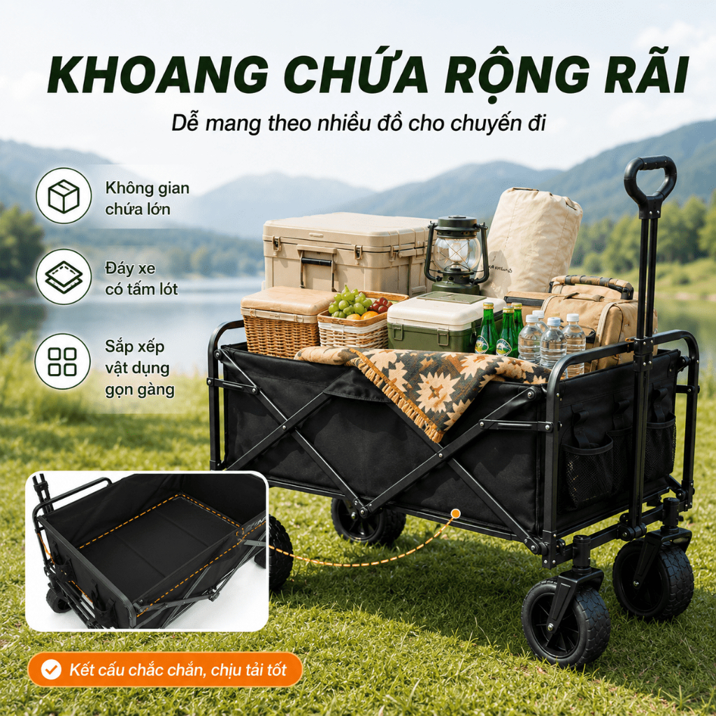 Xe đẩy cắm trại gấp gọn siêu nhẹ, kéo đa năng dã ngoại, bền chắc, dễ gấp bỏ cốp xe. Chở đồ gọn, đi chơi nhẹ hơn.
