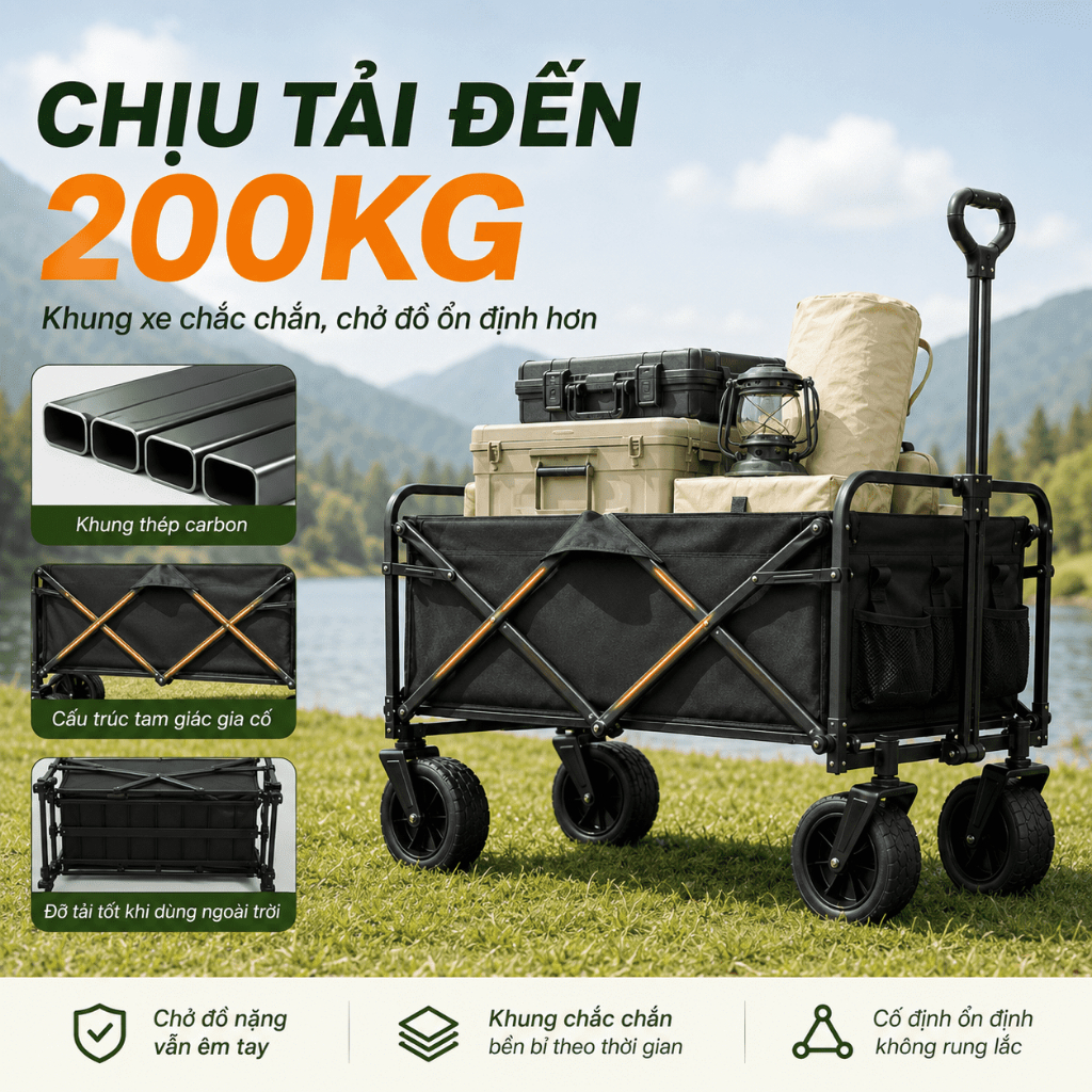 Xe đẩy cắm trại gấp gọn siêu nhẹ, kéo đa năng dã ngoại, bền chắc, dễ gấp bỏ cốp xe. Chở đồ gọn, đi chơi nhẹ hơn.