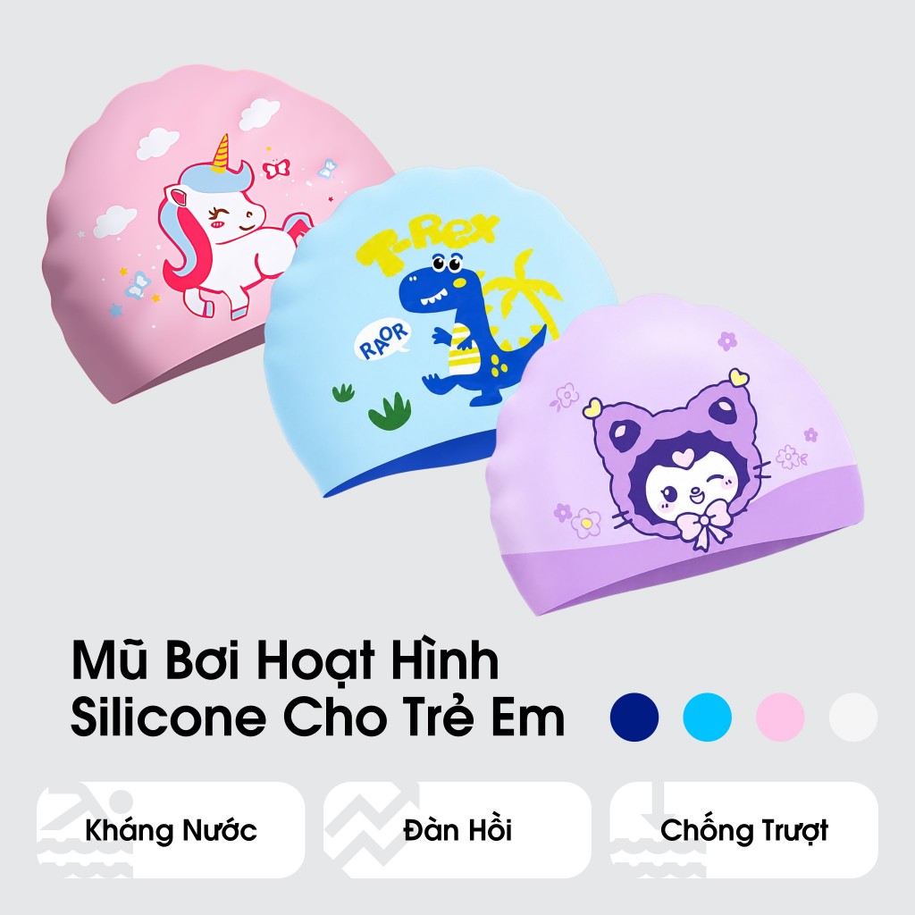 Mũ Bơi, Nón Bơi Silicone Họa Tiết Hoạt Hình Cho Bé, Cho Trẻ Em - Chống Nước Trùm Tóc Bảo Vệ Tai - MuBoiSilicone-TreEm