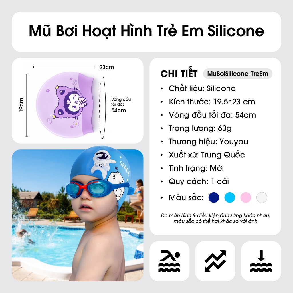 Mũ Bơi, Nón Bơi Silicone Họa Tiết Hoạt Hình Cho Bé, Cho Trẻ Em - Chống Nước Trùm Tóc Bảo Vệ Tai - MuBoiSilicone-TreEm