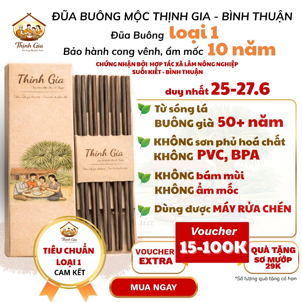 Đũa Buông Cao Cấp (loại 1) Thịnh Gia - 100% Tự Nhiên Không Sơn Phủ, Không Ẩm Mốc, Không Bám Mùi, Dùng Được Máy Rửa Chén