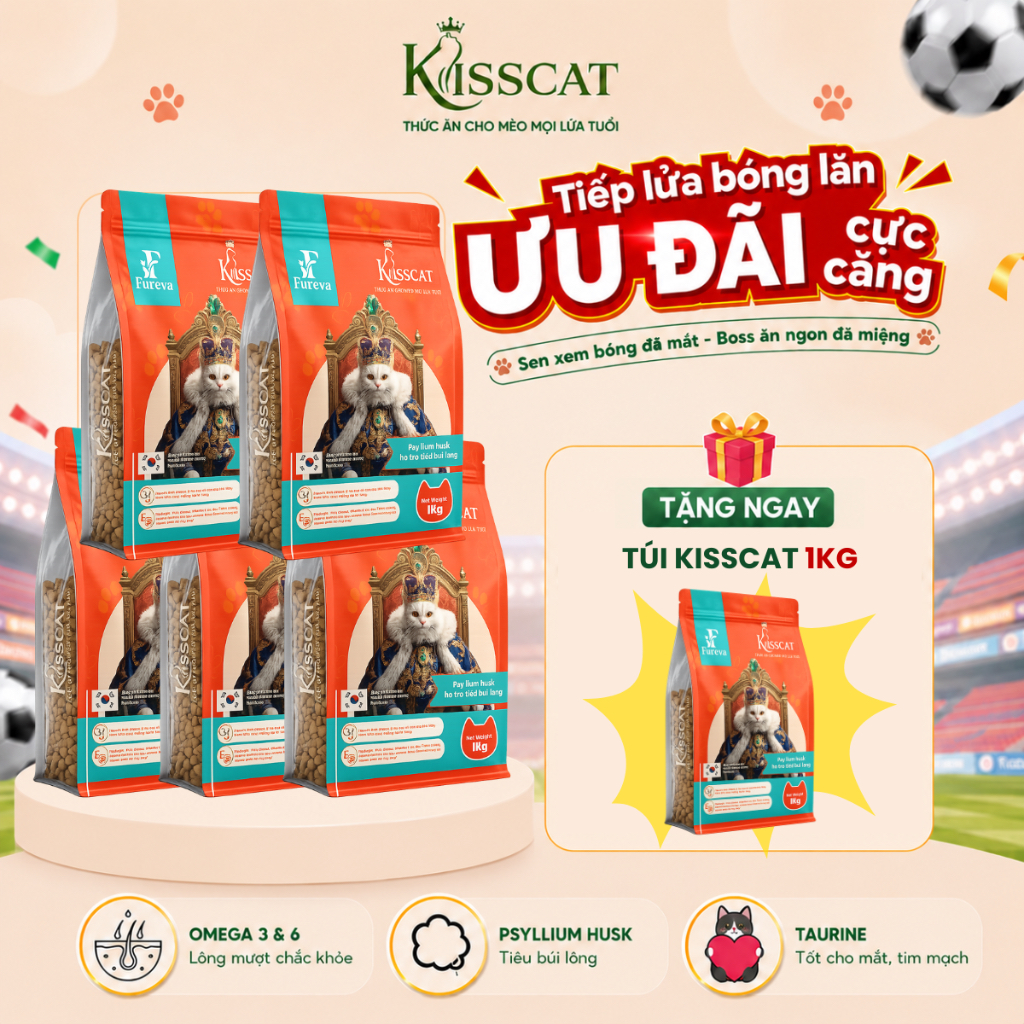 [COMBO 5KG TẶNG 1 GÓI] Hạt cho mèo Kisscat 30% Đạm Tiêu búi lông giúp lông bóng mượt