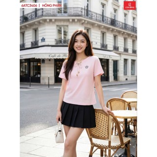 6ATC34 Áo nữ 𝐂𝐀𝐑𝐃𝐈𝐍𝐀 Tay cộc chất cotton phối dây buộc trước cổ Dễ Phối Đồ